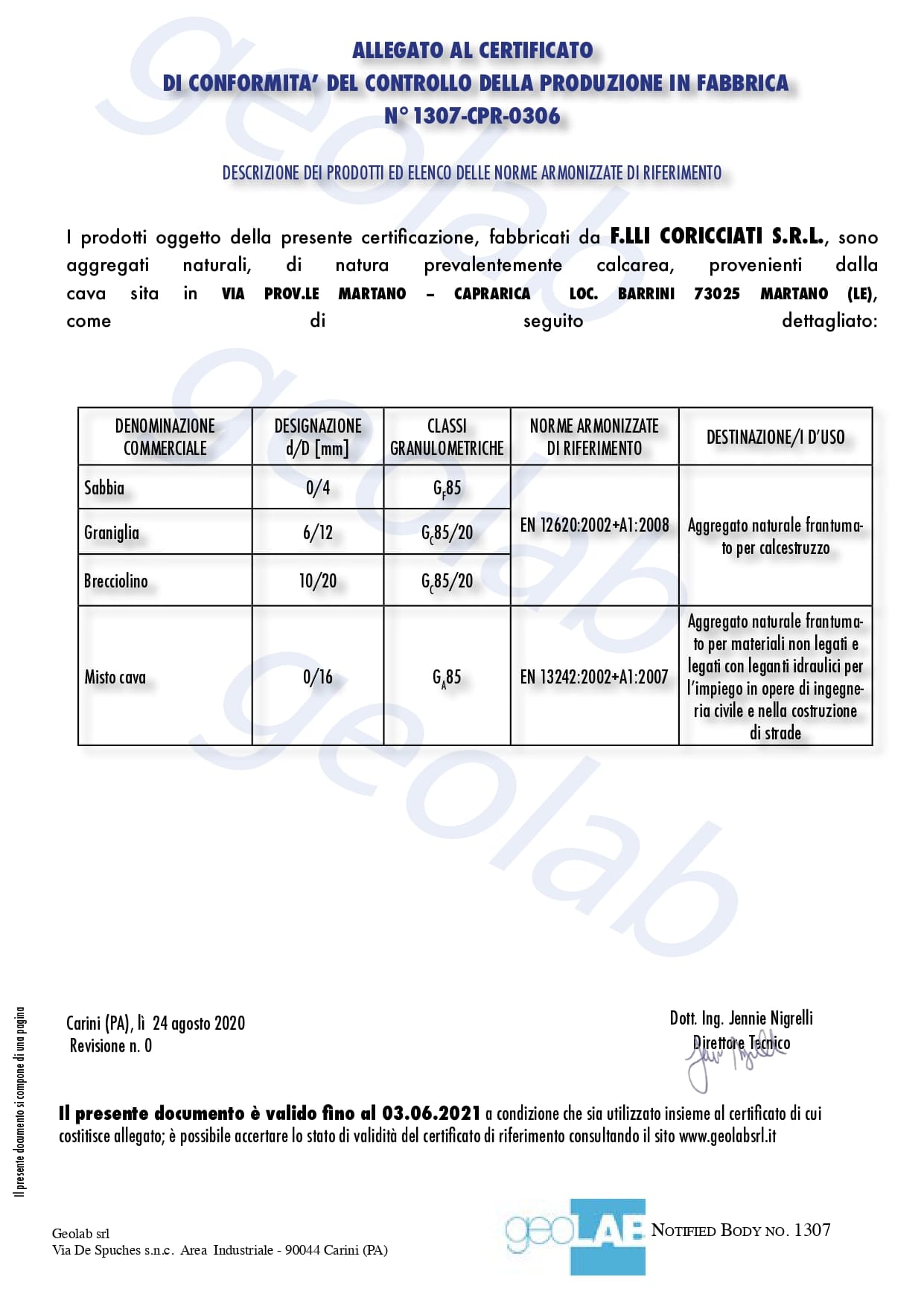 allegato certificazione 1307 CPR 0306