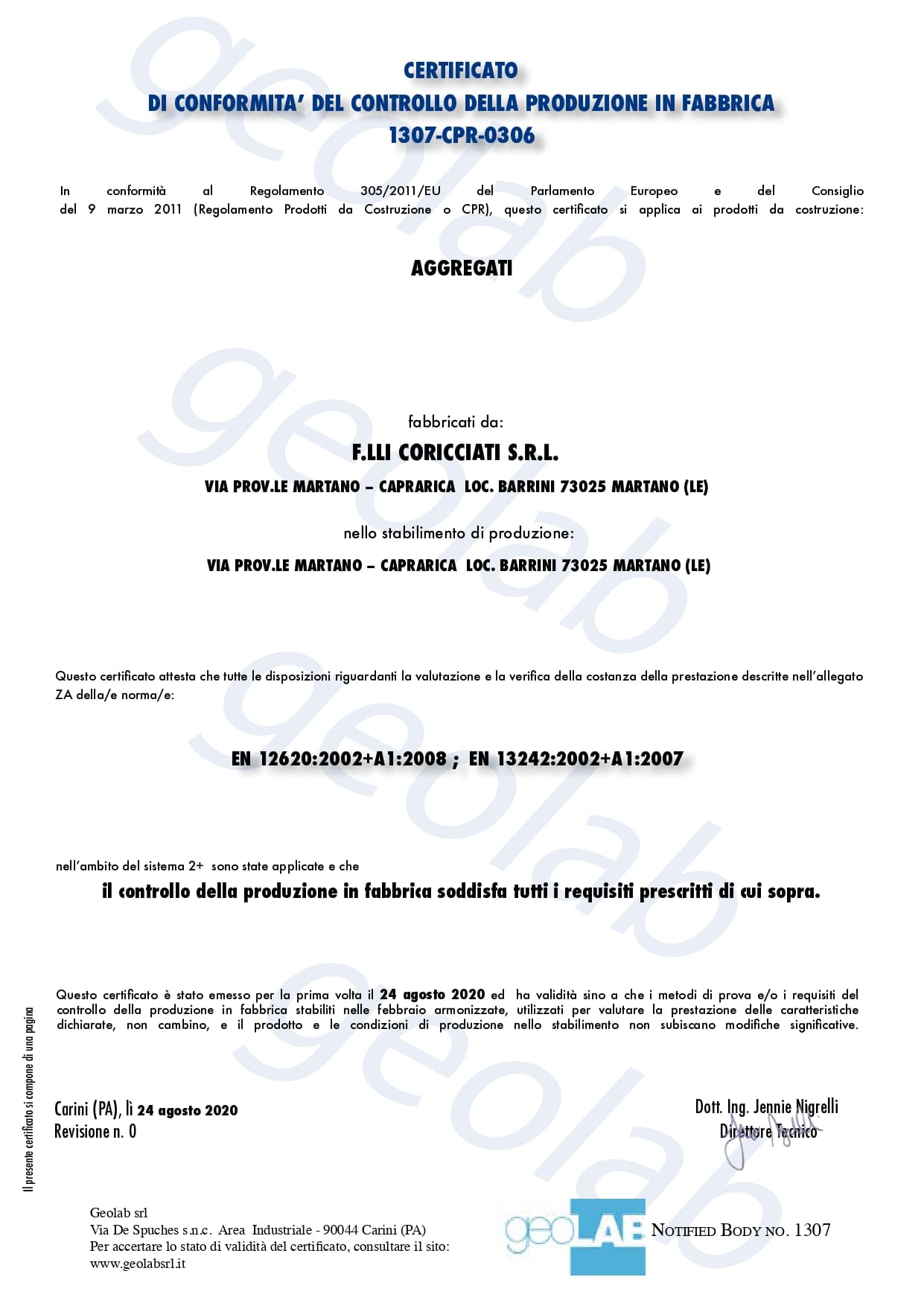 certificazione 1307 CPR 0306