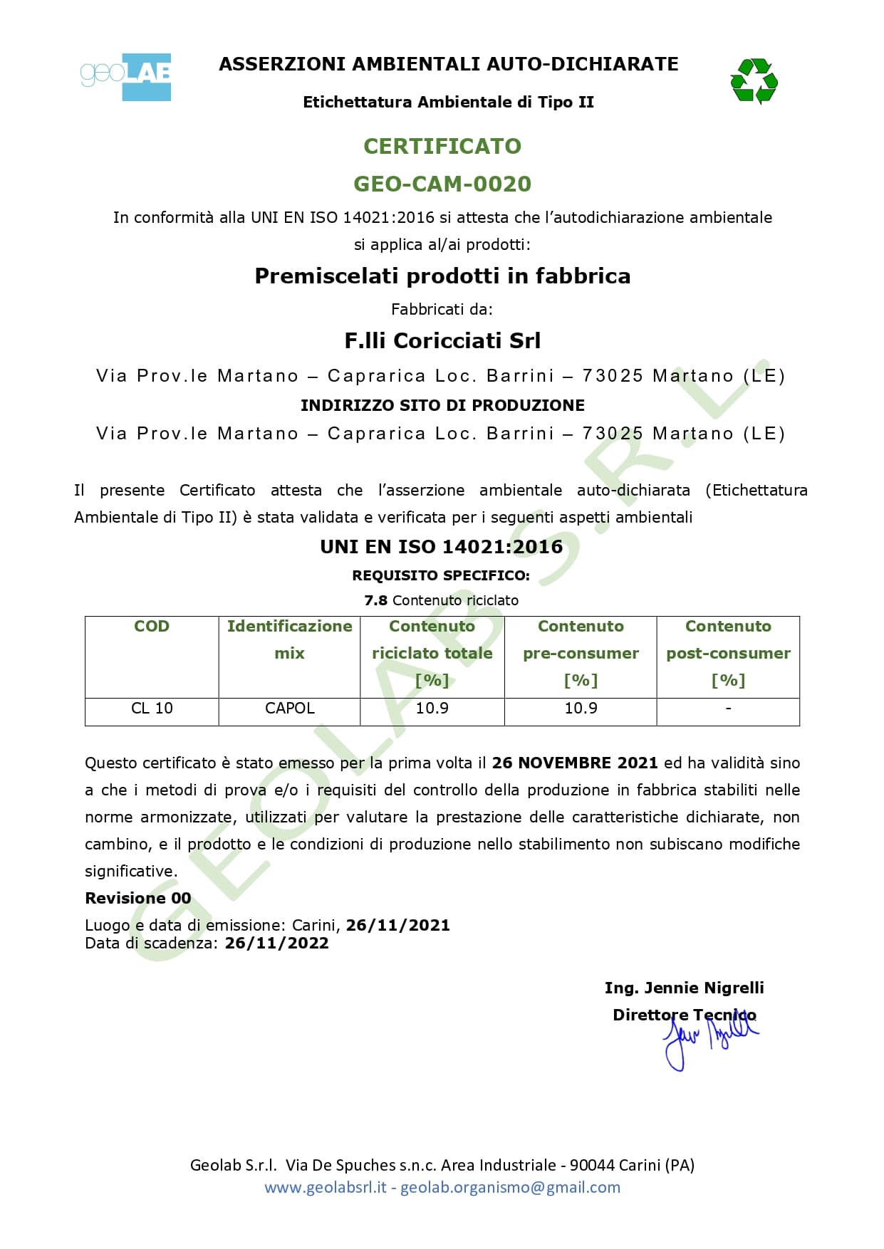 certificazione Geo Cam 0020